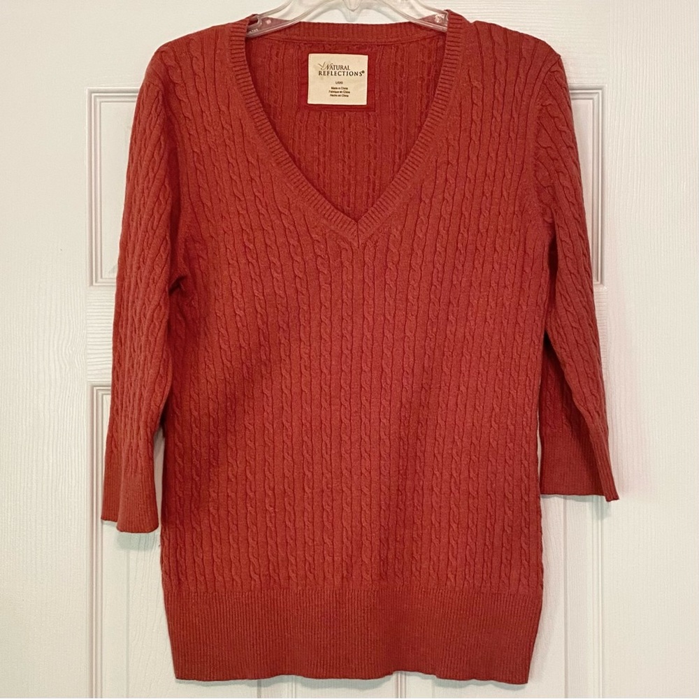 EUC Natural Reflections V-Neck Cable Knit Sweater Rust/Burnt Orange L